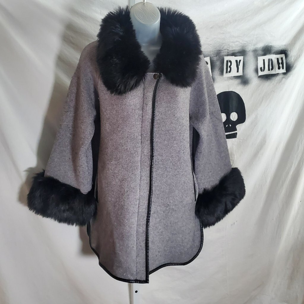 Baciano Grey Sweater Coat With Black Faux Fur Sz M